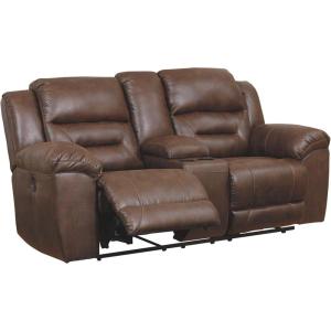 Signature Design by Ashley Stoneland Faux Leather Manual Double Reclining Loveseat with Center Console, Dark Brown(Brown)