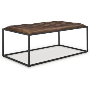 Signature Design by Ashley Junsor Coffee Table Ottoman, Top Grain Leather Upholstery, Black Metal Base with Casual Chic Style for Living Room Furniture, Brown