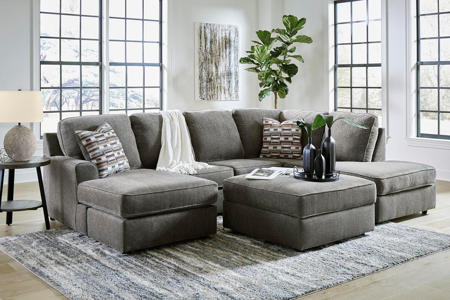 imageSignature Design by Ashley Bandon Modern Leather Match LeftArm Facing 4Piece Sectional with Removable Cushions and Armrest Light BrownGrey