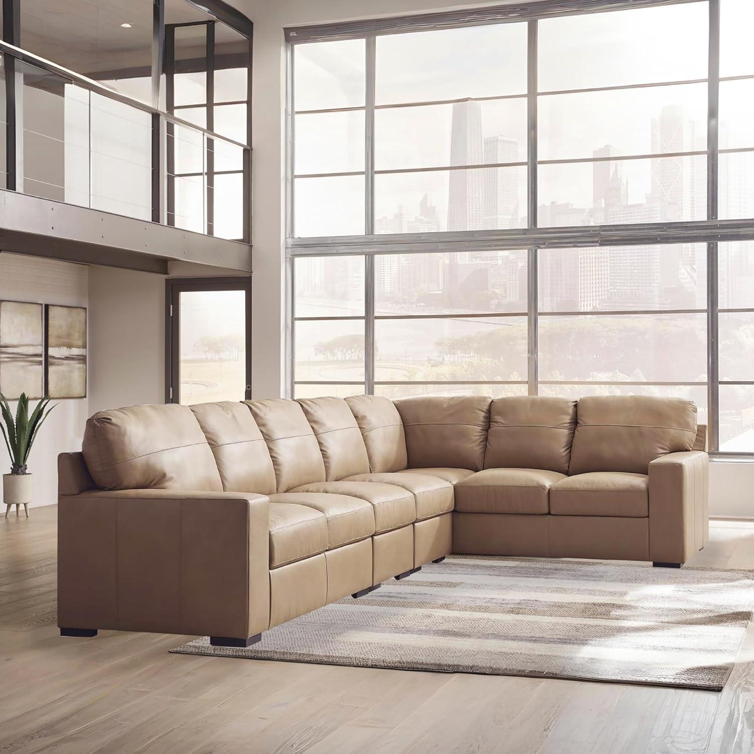 imageSignature Design by Ashley Bandon Modern Leather Match LeftArm Facing 4Piece Sectional with Removable Cushions and Armrest Light BrownToffee