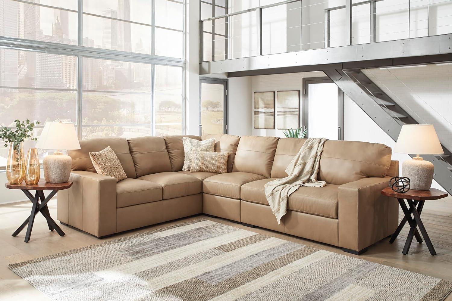 imageSignature Design by Ashley Bandon Modern Leather Match LeftArm Facing 4Piece Sectional with Removable Cushions and Armrest Light BrownToffee