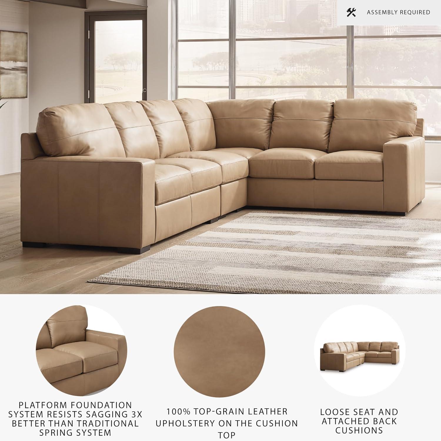 imageSignature Design by Ashley Bandon Modern Leather Match LeftArm Facing 4Piece Sectional with Removable Cushions and Armrest Light BrownToffee