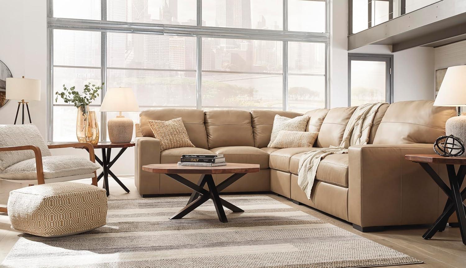 imageSignature Design by Ashley Bandon Modern Leather Match LeftArm Facing 4Piece Sectional with Removable Cushions and Armrest Light BrownToffee