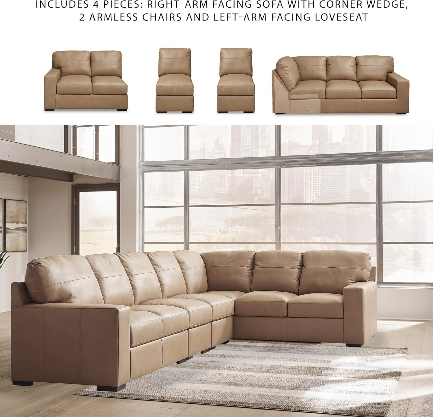 imageSignature Design by Ashley Bandon Modern Leather Match LeftArm Facing 4Piece Sectional with Removable Cushions and Armrest Light BrownToffee