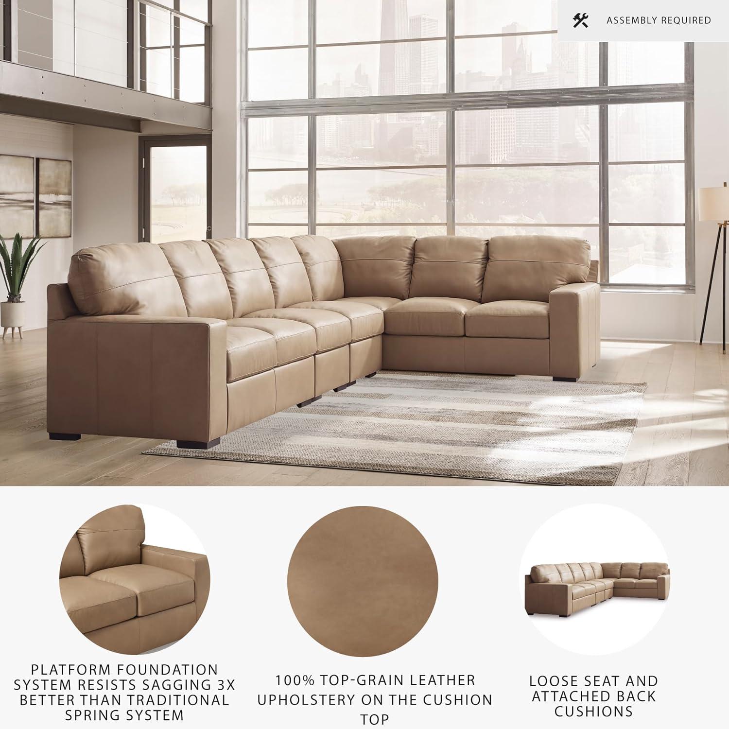 imageSignature Design by Ashley Bandon Modern Leather Match LeftArm Facing 4Piece Sectional with Removable Cushions and Armrest Light BrownToffee