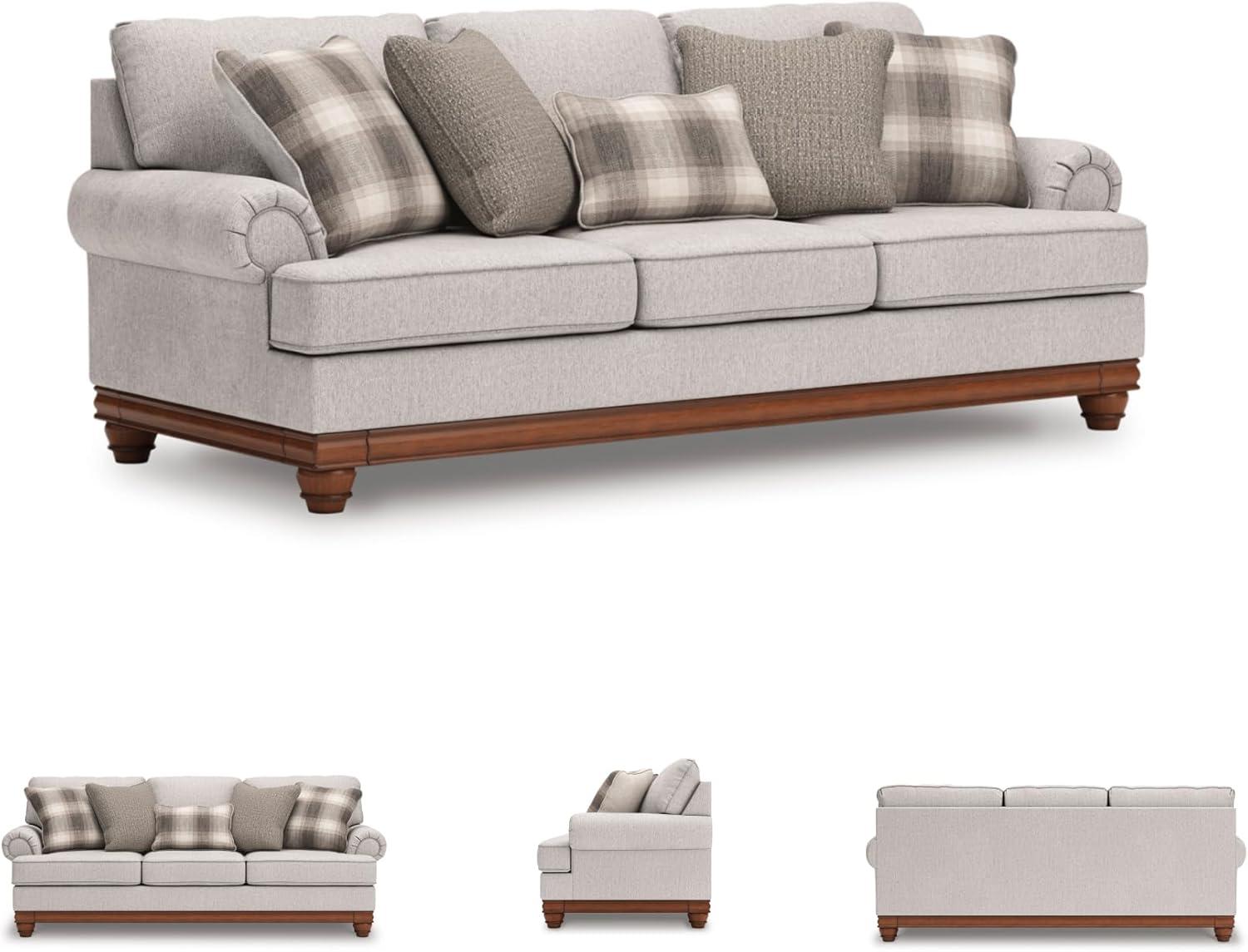 imageSignature Design by Ashley Meadowview Classic Upholstered Sofa with Reversible Seat Cushions 5 Accent Pillows and Rolled Armrest Light Gray