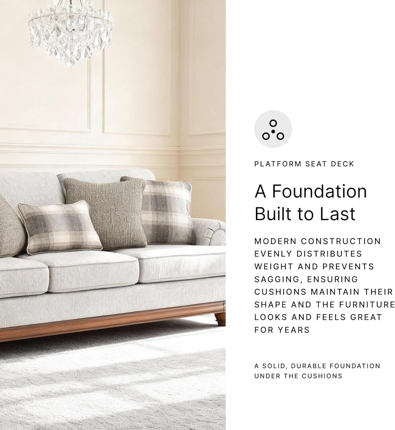 imageSignature Design by Ashley Meadowview Classic Upholstered Sofa with Reversible Seat Cushions 5 Accent Pillows and Rolled Armrest Light Gray