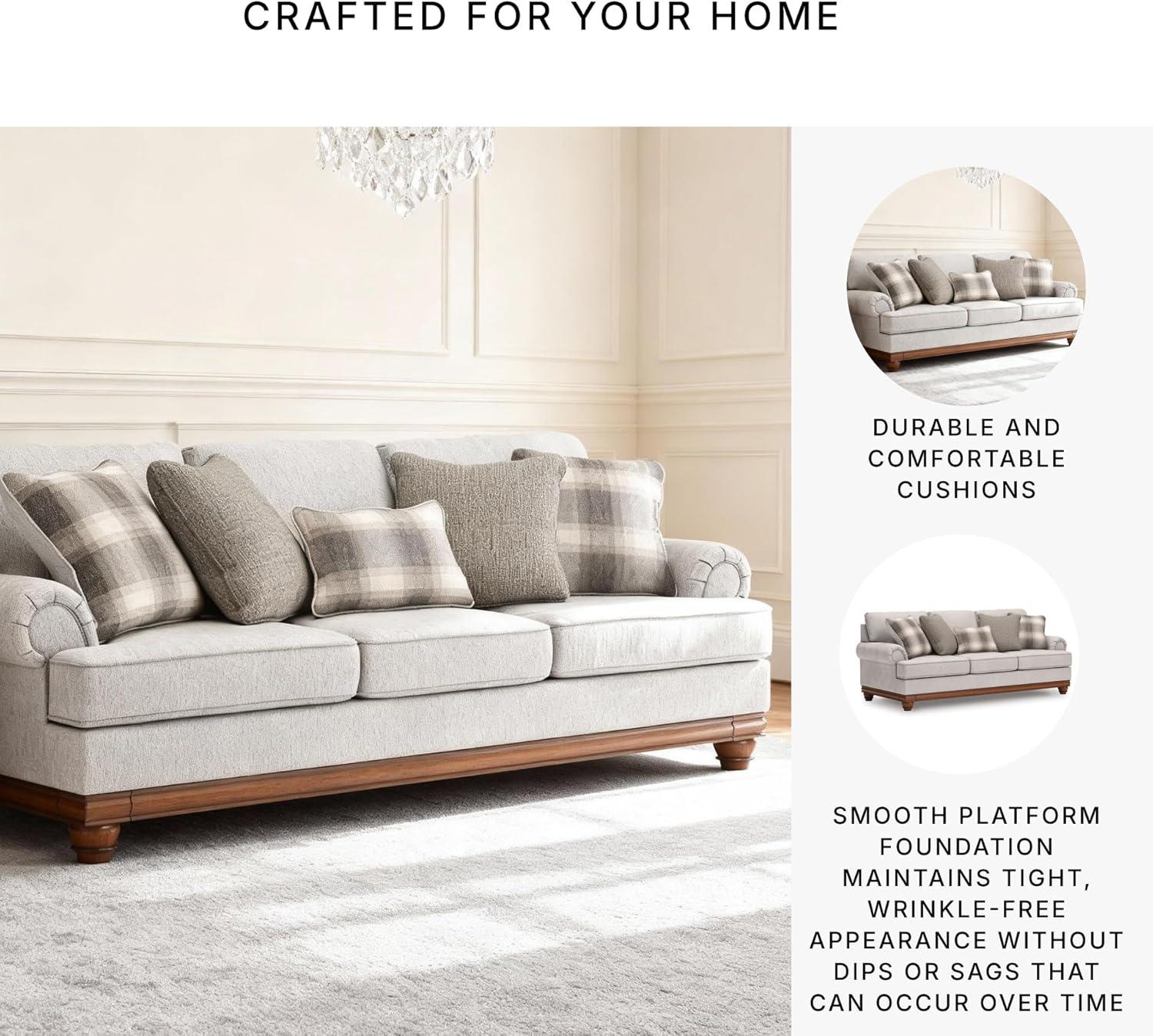 imageSignature Design by Ashley Meadowview Classic Upholstered Sofa with Reversible Seat Cushions 5 Accent Pillows and Rolled Armrest Light Gray