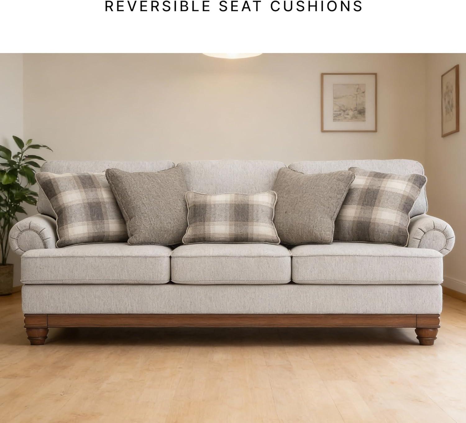 imageSignature Design by Ashley Meadowview Classic Upholstered Sofa with Reversible Seat Cushions 5 Accent Pillows and Rolled Armrest Light Gray