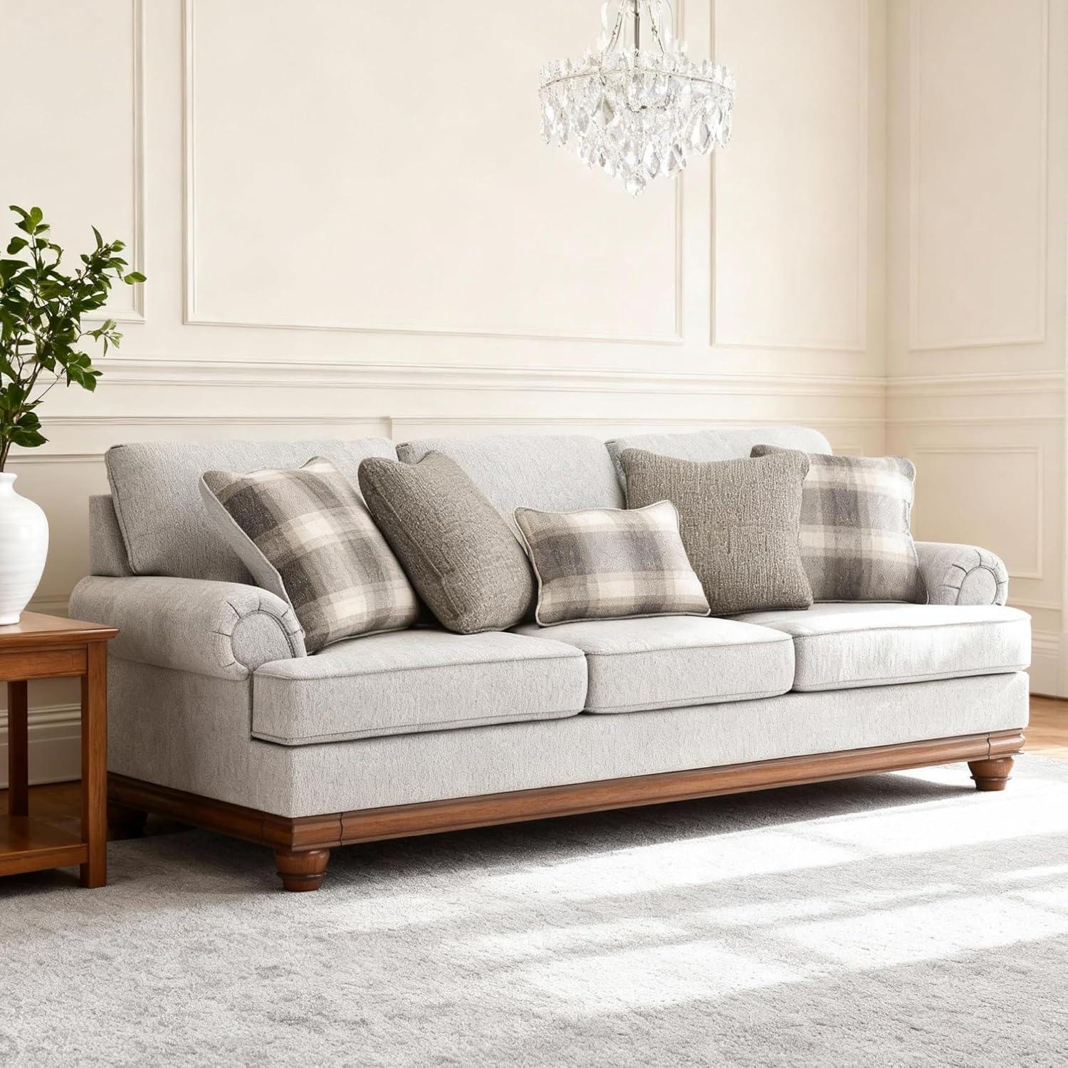 imageSignature Design by Ashley Meadowview Classic Upholstered Sofa with Reversible Seat Cushions 5 Accent Pillows and Rolled Armrest Light Gray