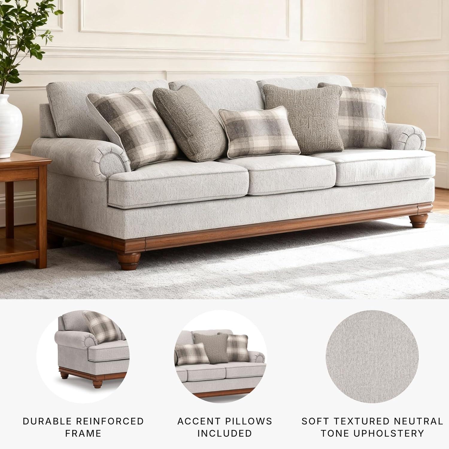 imageSignature Design by Ashley Meadowview Classic Upholstered Sofa with Reversible Seat Cushions 5 Accent Pillows and Rolled Armrest Light Gray