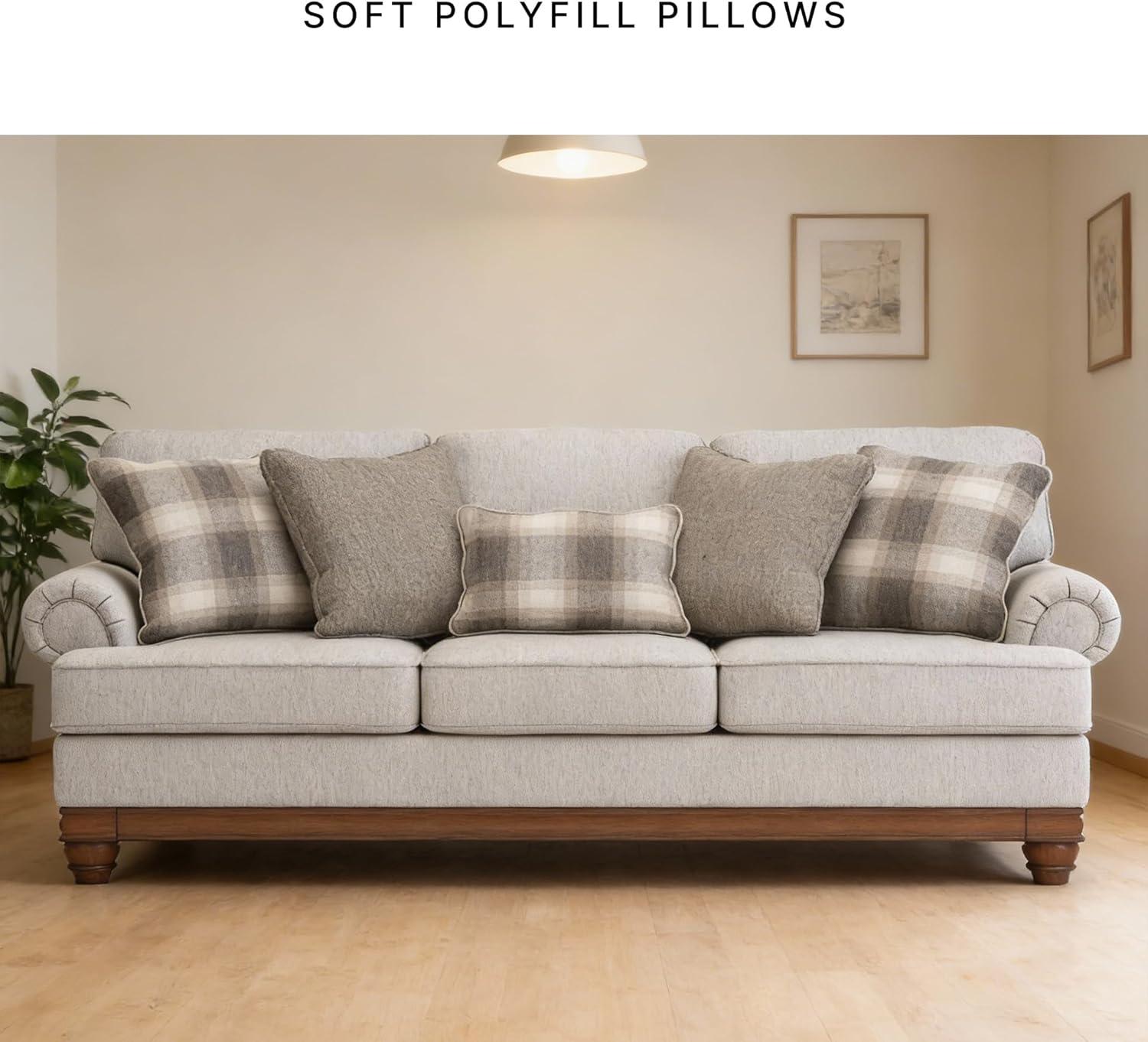 imageSignature Design by Ashley Meadowview Classic Upholstered Sofa with Reversible Seat Cushions 5 Accent Pillows and Rolled Armrest Light Gray