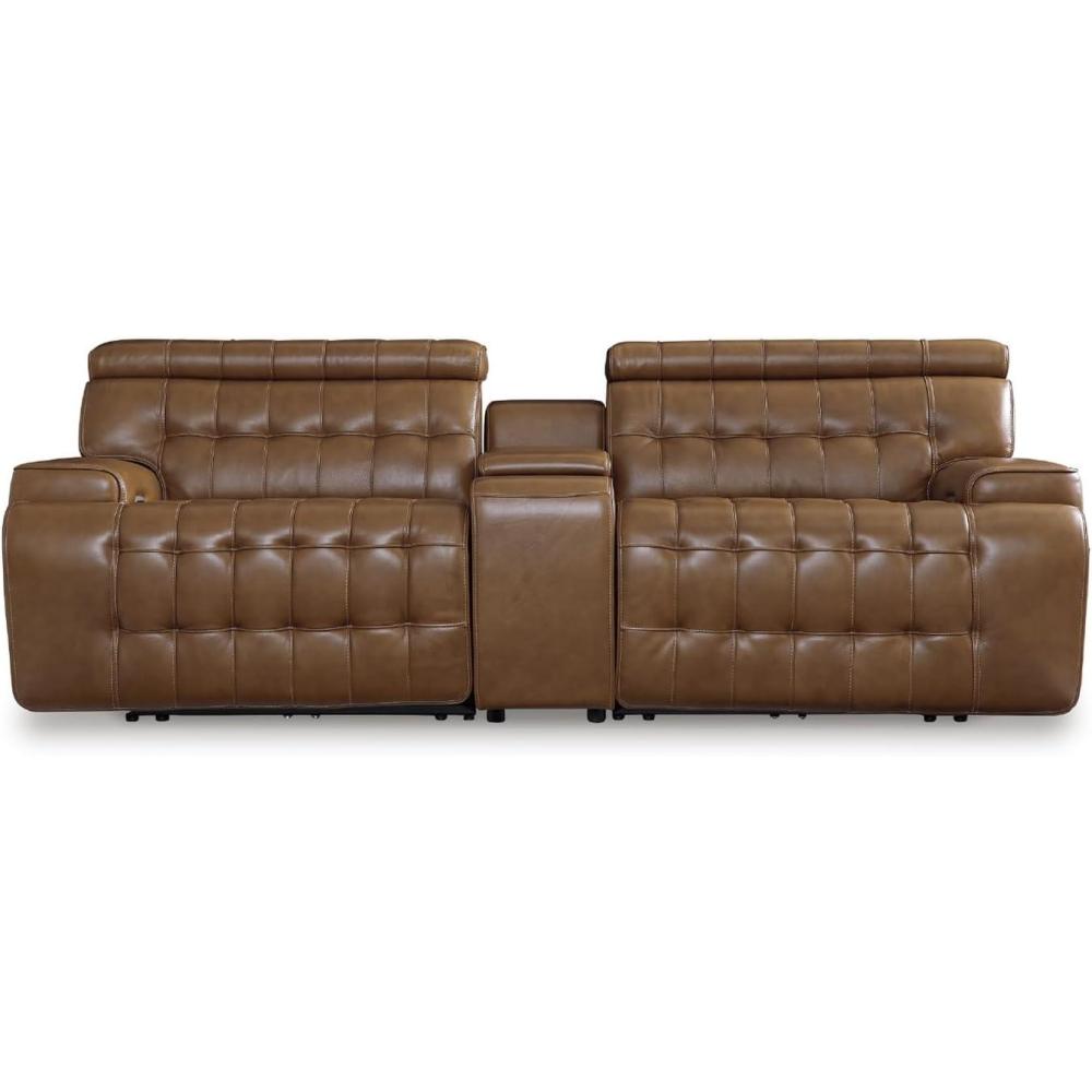 imageSignature Design by Ashley Temmpton Transitional Leather Match Tufted 2Piece Power Reclining Sectional Loveseat with Adjustable Headrest and USB Ports Light Brown3Piece Power Reclining Sectional Loveseat with Console