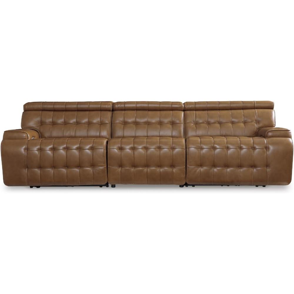 imageSignature Design by Ashley Temmpton Transitional Leather Match Tufted 2Piece Power Reclining Sectional Loveseat with Adjustable Headrest and USB Ports Light Brown3Piece Power Reclining Sectional Sofa