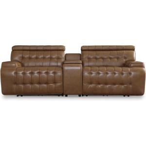 Signature Design by Ashley Temmpton Transitional Leather Match Tufted 2-Piece Power Reclining Sectional Loveseat with Adjustable Headrest and USB Ports, Light Brown(3-Piece Power Reclining Sectional Loveseat with Console)