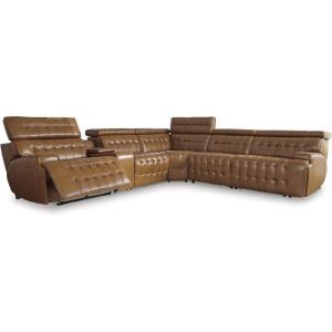 Signature Design by Ashley Temmpton Transitional Leather Match Tufted 2-Piece Power Reclining Sectional Loveseat with Adjustable Headrest and USB Ports, Light Brown(5-Piece Power Reclining Sectional)