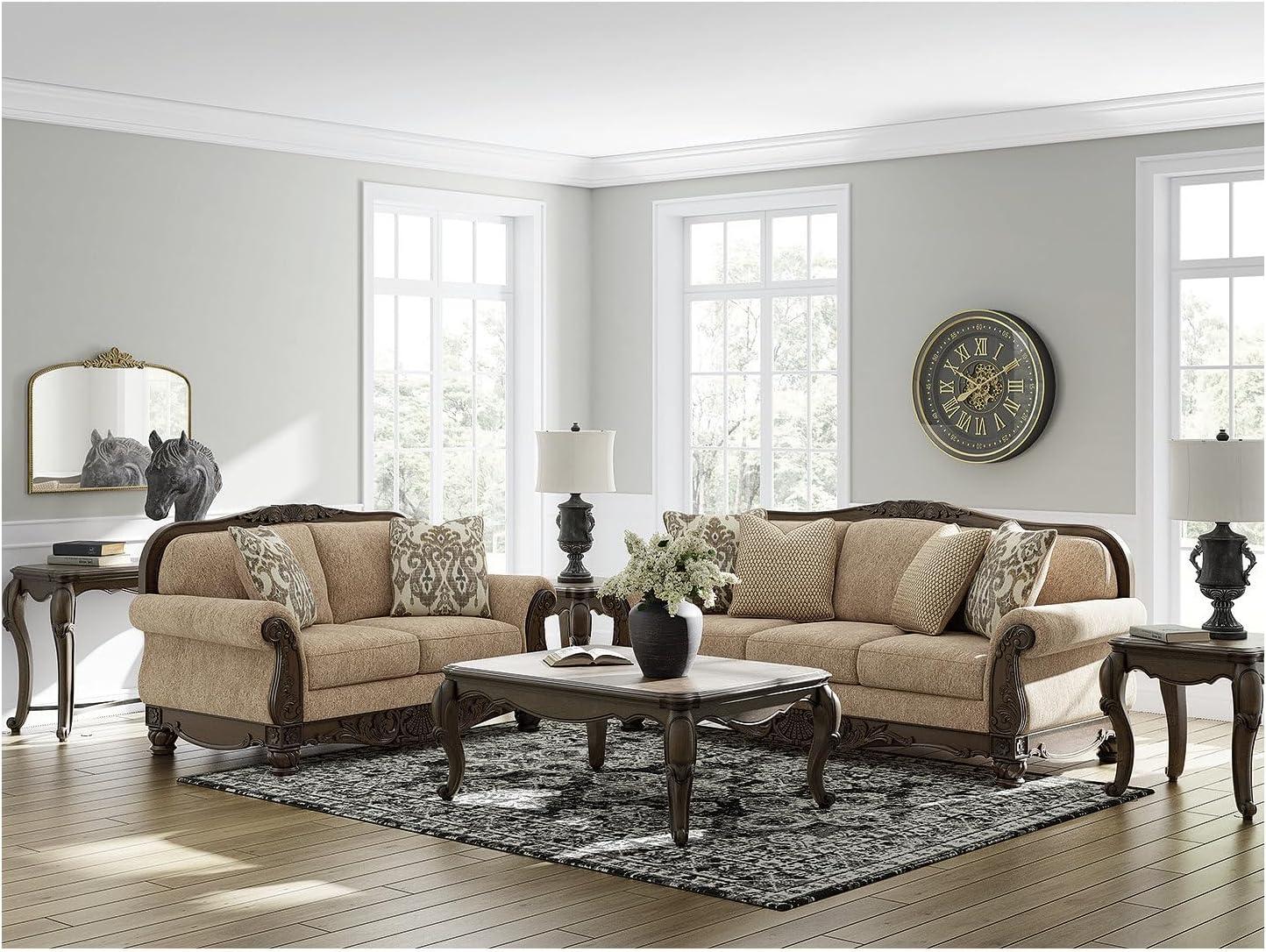 imageSignature Design by Ashley Havenworth Classic Anti Sag Sofa with Reversible Seat Cushion and 4 Accent Pillows Beige amp Dark Brown