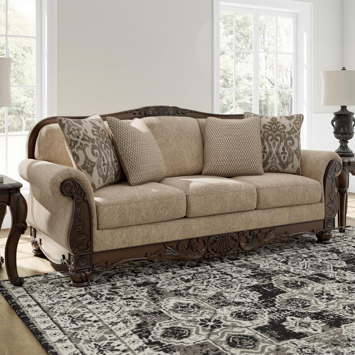 imageSignature Design by Ashley Havenworth Classic Anti Sag Sofa with Reversible Seat Cushion and 4 Accent Pillows Beige amp Dark Brown