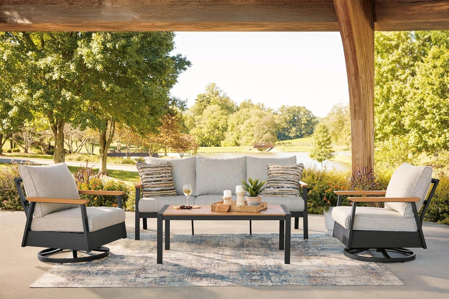imageSignature Design by Ashley Carlsbad Beach Casual Weather and UV Resistant Outdoor SofaChairsTable with 2 Accent Pillows Set of 4 Gray amp Light Brown