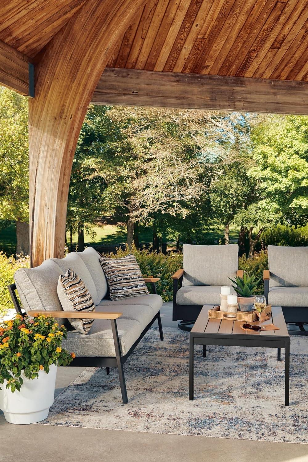imageSignature Design by Ashley Carlsbad Beach Casual Weather and UV Resistant Outdoor SofaChairsTable with 2 Accent Pillows Set of 4 Gray amp Light Brown