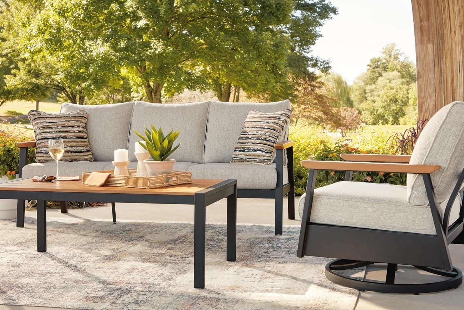 imageSignature Design by Ashley Carlsbad Beach Casual Weather and UV Resistant Outdoor SofaChairsTable with 2 Accent Pillows Set of 4 Gray amp Light Brown