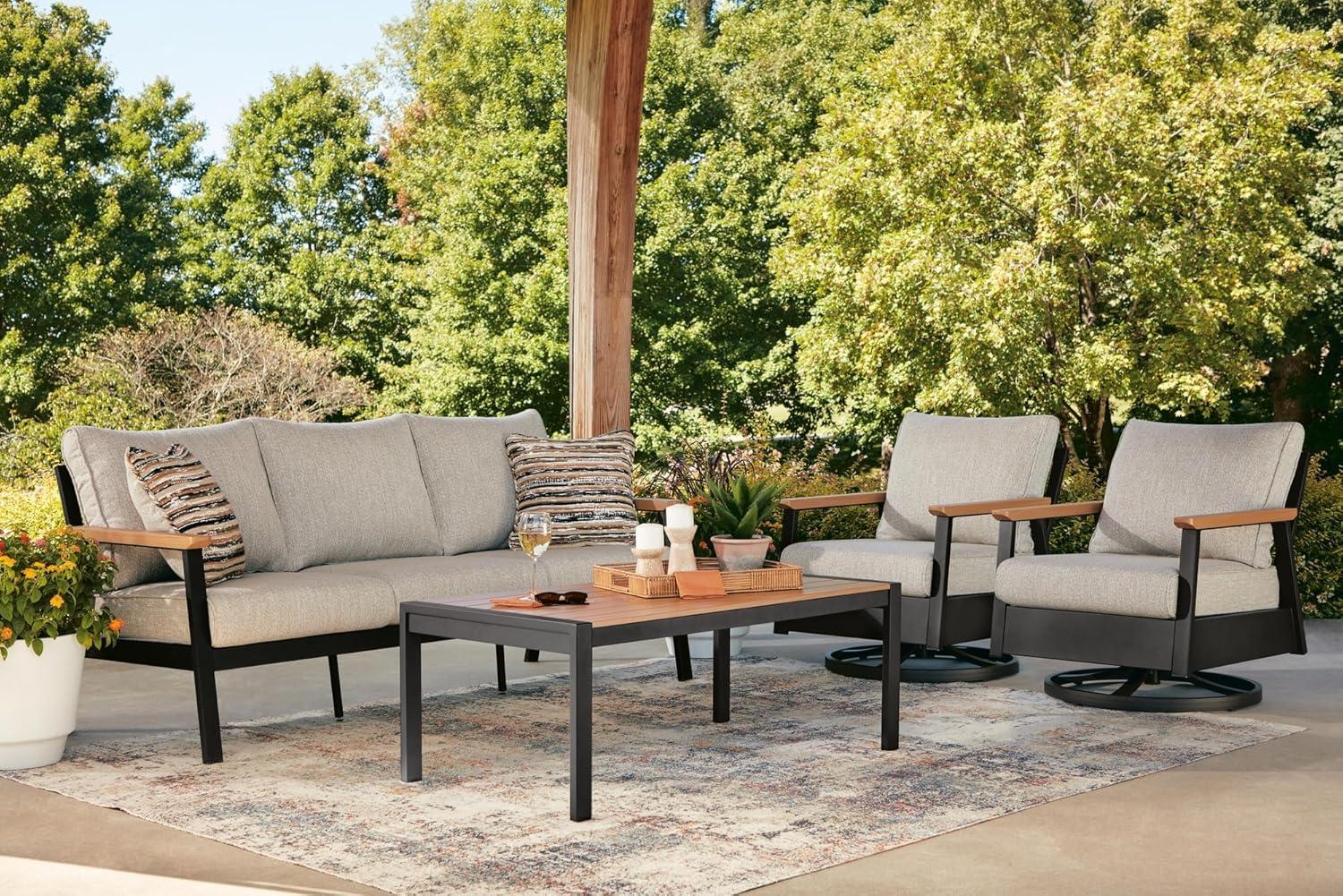 imageSignature Design by Ashley Carlsbad Beach Casual Weather and UV Resistant Outdoor SofaChairsTable with 2 Accent Pillows Set of 4 Gray amp Light Brown