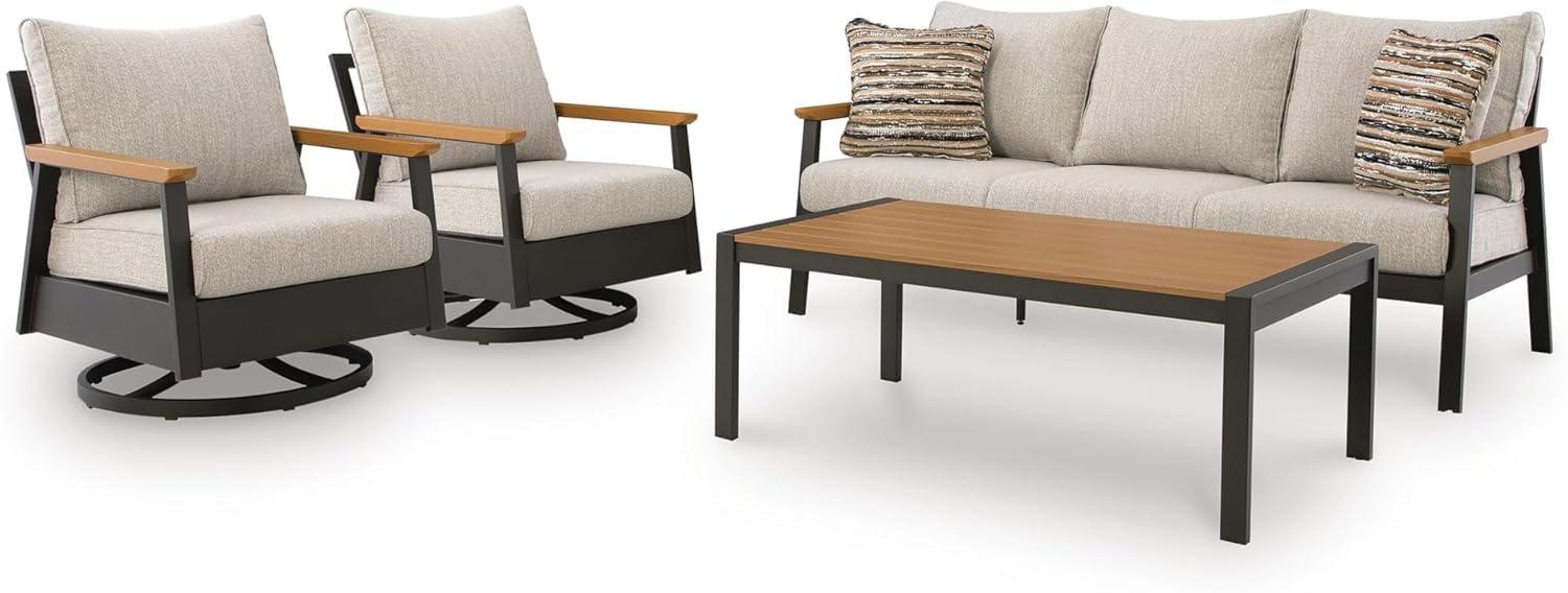 imageSignature Design by Ashley Carlsbad Beach Casual Weather and UV Resistant Outdoor SofaChairsTable with 2 Accent Pillows Set of 4 Gray amp Light Brown
