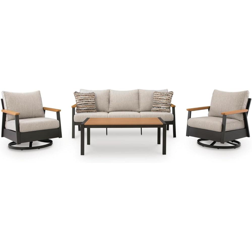 imageSignature Design by Ashley Carlsbad Beach Casual Weather and UV Resistant Outdoor SofaChairsTable with 2 Accent Pillows Set of 4 Gray amp Light Brown