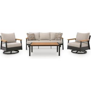 Signature Design by Ashley Carlsbad Beach Casual Weather and UV Resistant Outdoor Sofa/Chairs/Table with 2 Accent Pillows, Set of 4, Gray & Light Brown