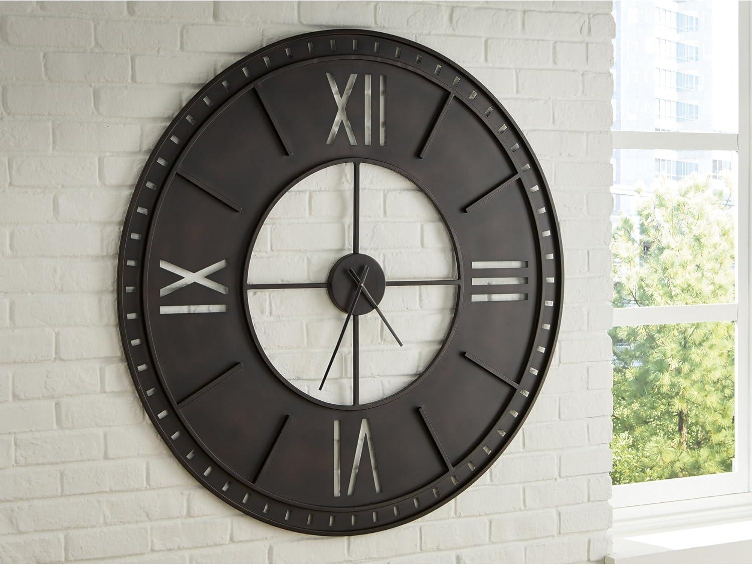 imageSignature Design by Ashley Lytle Large Decorative Wall Clock Antiqued Brown Metal with Roman Numerals Oversized Decor for Living Room or Kitchen Walls 50 W