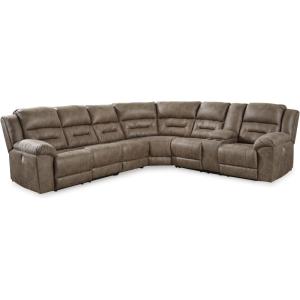 Signature Design by Ashley Ravenel Contemporary Faux Leather Left-Arm Facing 4-Piece Power Reclining Sectional with Armrest, Storage and USB Port, Dark Brown(Fossil)