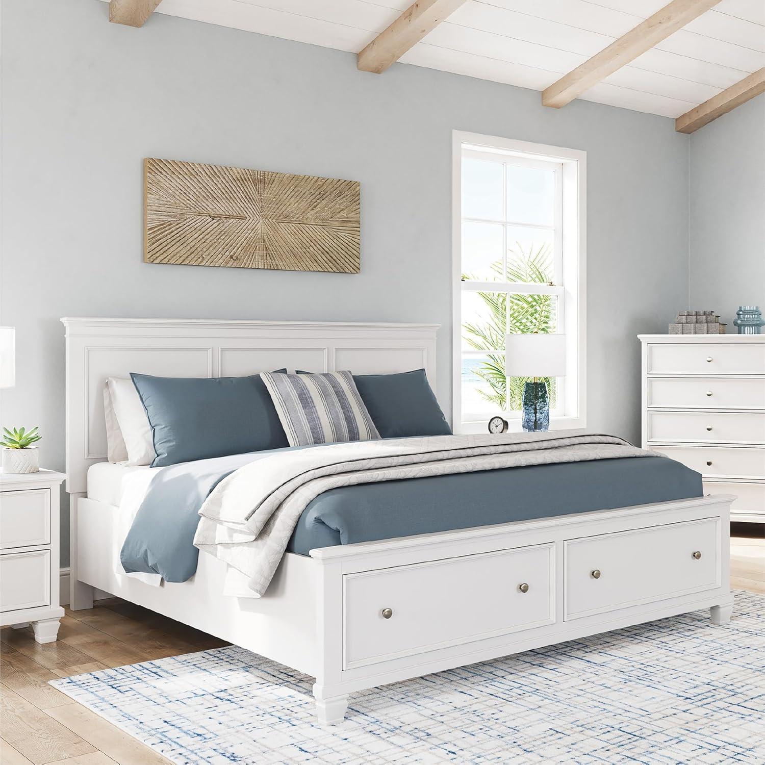 imageSignature Design By Ashley Fortman California King Panel Storage Bedframe White Painted Finish 2 Drawer Footboard Hardwood Solids and MDF No Box Spring Needed