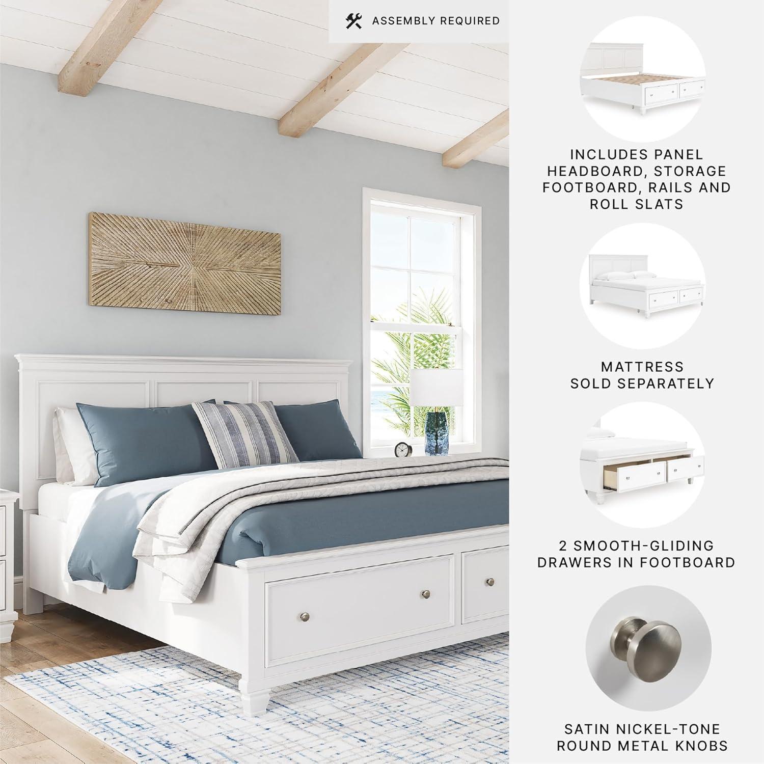 imageSignature Design By Ashley Fortman California King Panel Storage Bedframe White Painted Finish 2 Drawer Footboard Hardwood Solids and MDF No Box Spring Needed