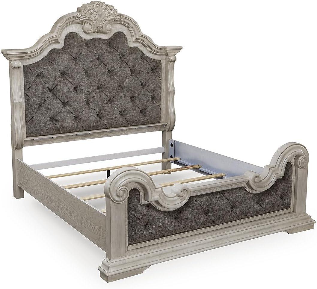imageSignature Design by Ashley Andonhall Upholstered Panel Bed Tufted Headboard and Footboard Ornate Antique White Finish for Primary Bedroom California King