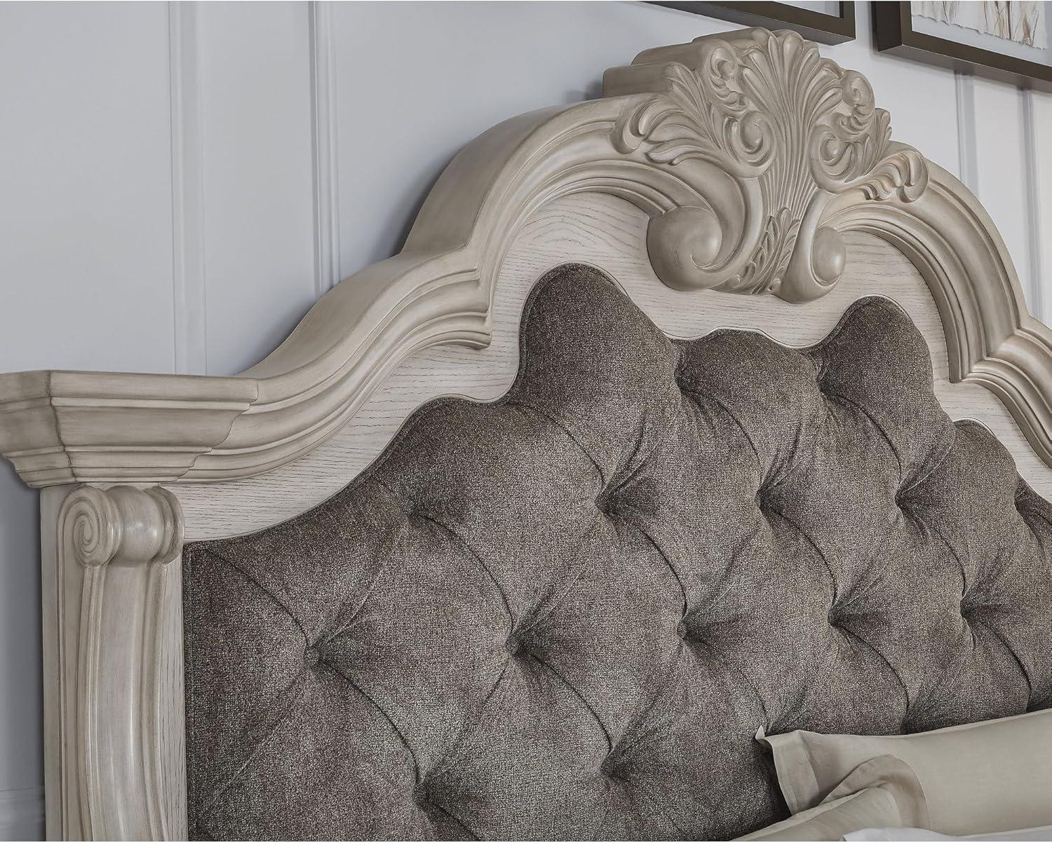 imageSignature Design by Ashley Andonhall Upholstered Panel Bed Tufted Headboard and Footboard Ornate Antique White Finish for Primary Bedroom California King