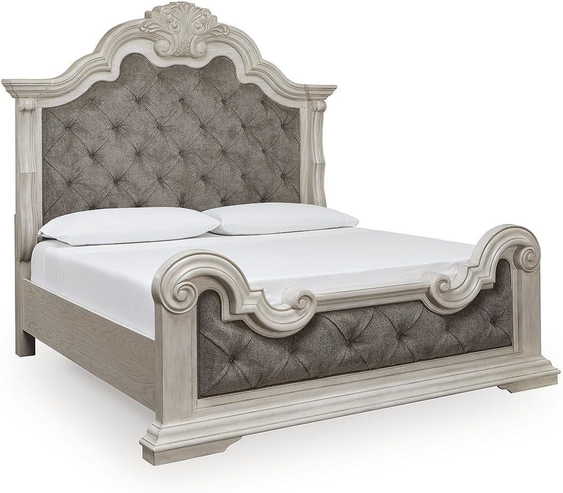 imageSignature Design by Ashley Andonhall Upholstered Panel Bed Tufted Headboard and Footboard Ornate Antique White Finish for Primary Bedroom California King