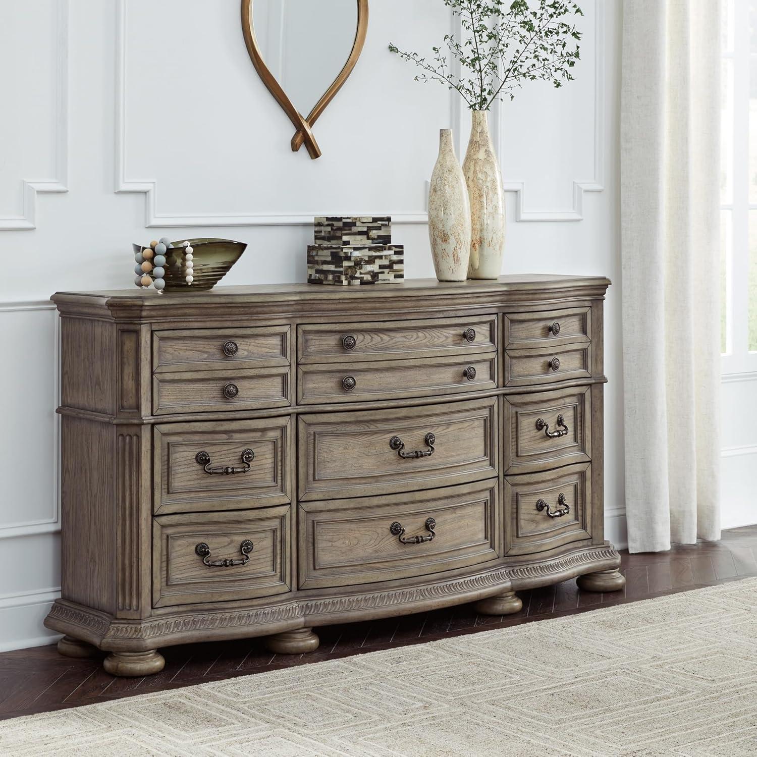 imageSignature Design by Ashley Ardenfield Traditional Tufted King Upholstered Sleigh Bed Foundation or Box Spring Needed Light Brown amp White198D x 738W x 39H 9 Drawers