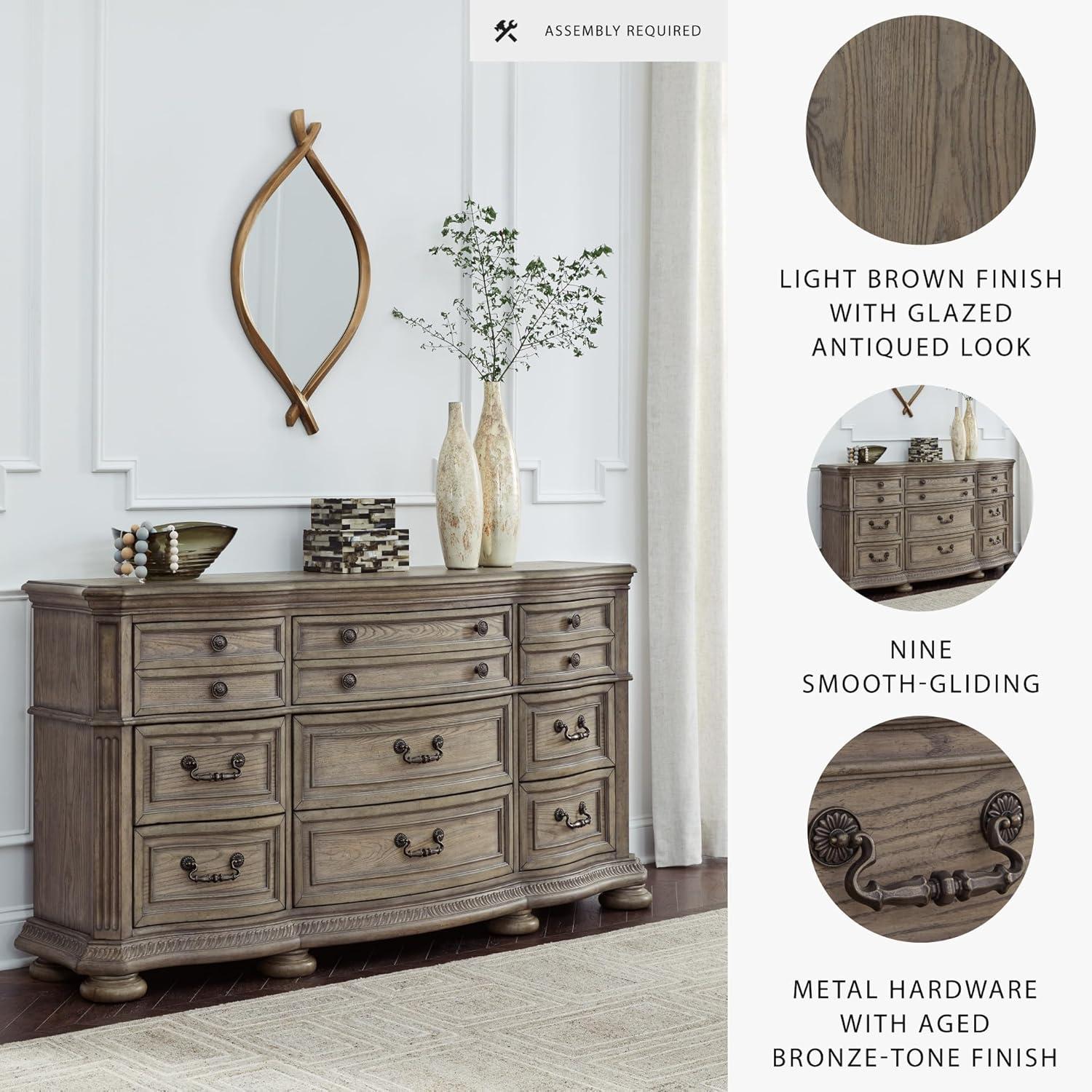 imageSignature Design by Ashley Ardenfield Traditional Tufted King Upholstered Sleigh Bed Foundation or Box Spring Needed Light Brown amp White198D x 738W x 39H 9 Drawers