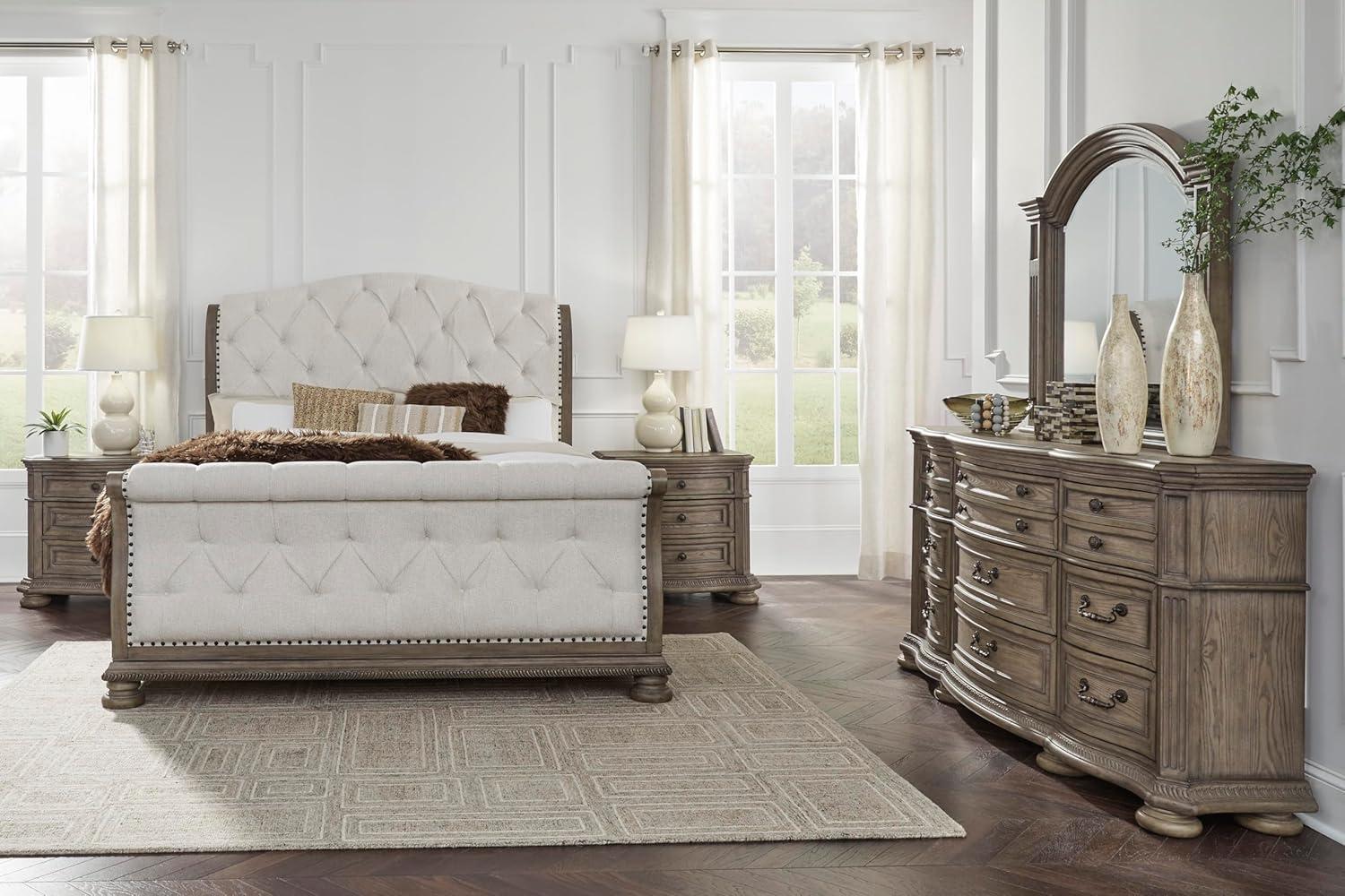 imageSignature Design by Ashley Ardenfield Traditional Tufted King Upholstered Sleigh Bed Foundation or Box Spring Needed Light Brown amp White198D x 738W x 39H 9 Drawers
