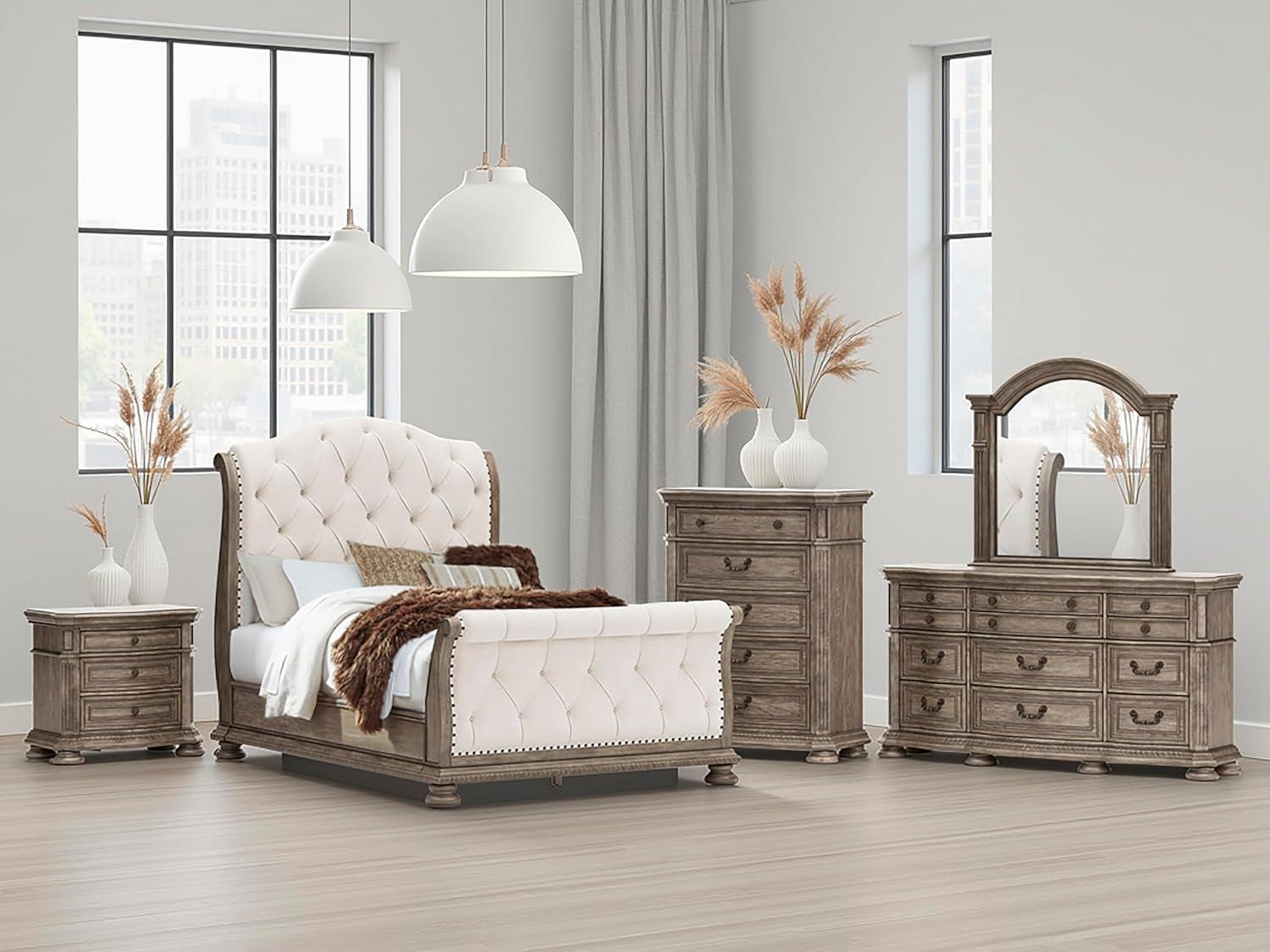 imageSignature Design by Ashley Ardenfield Traditional Tufted King Upholstered Sleigh Bed Foundation or Box Spring Needed Light Brown amp White20D x 42W x 545H 5 Drawers