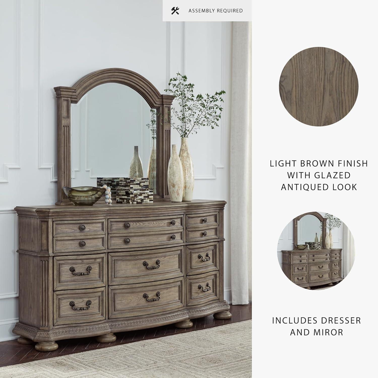 imageSignature Design by Ashley Ardenfield Traditional Tufted King Upholstered Sleigh Bed Foundation or Box Spring Needed Light Brown amp WhiteDresser and Mirror