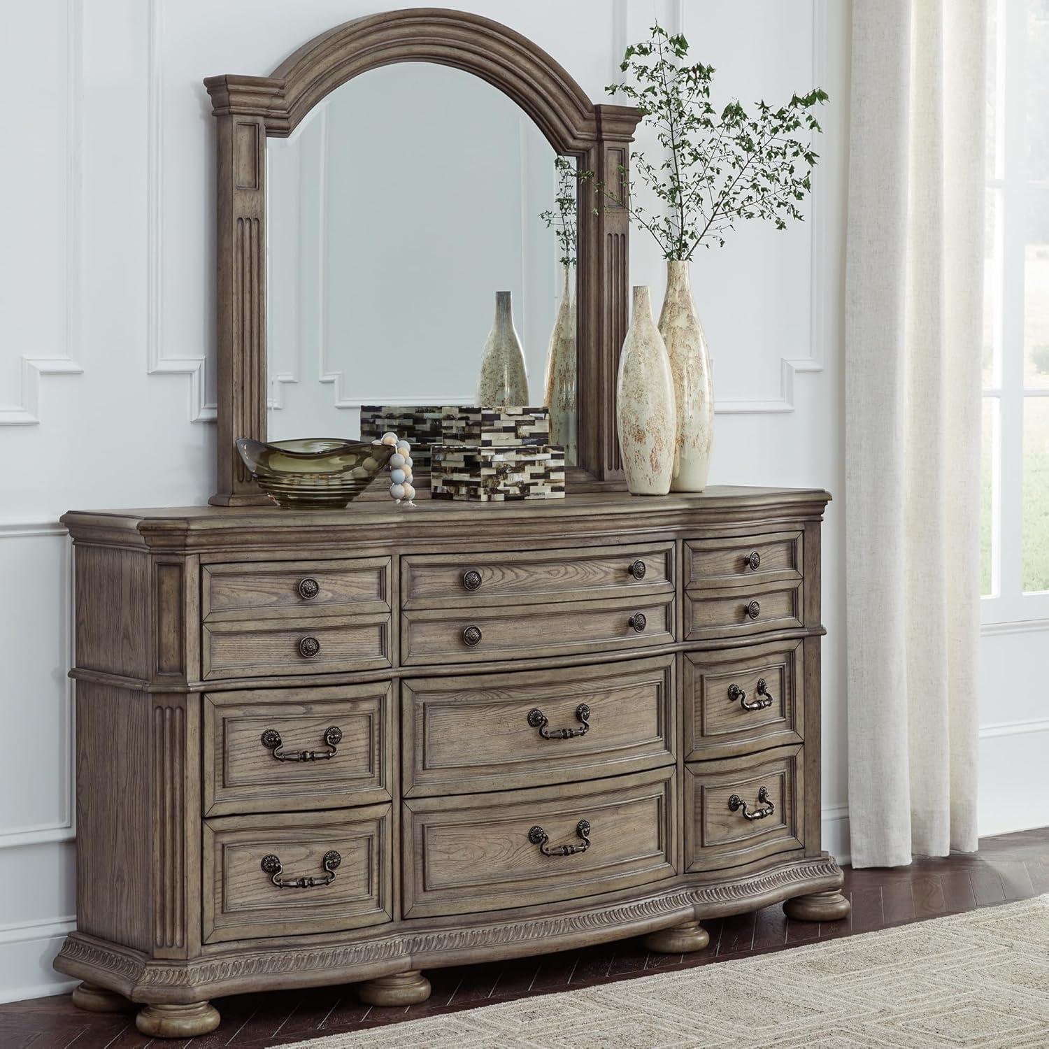 imageSignature Design by Ashley Ardenfield Traditional Tufted King Upholstered Sleigh Bed Foundation or Box Spring Needed Light Brown amp WhiteDresser and Mirror