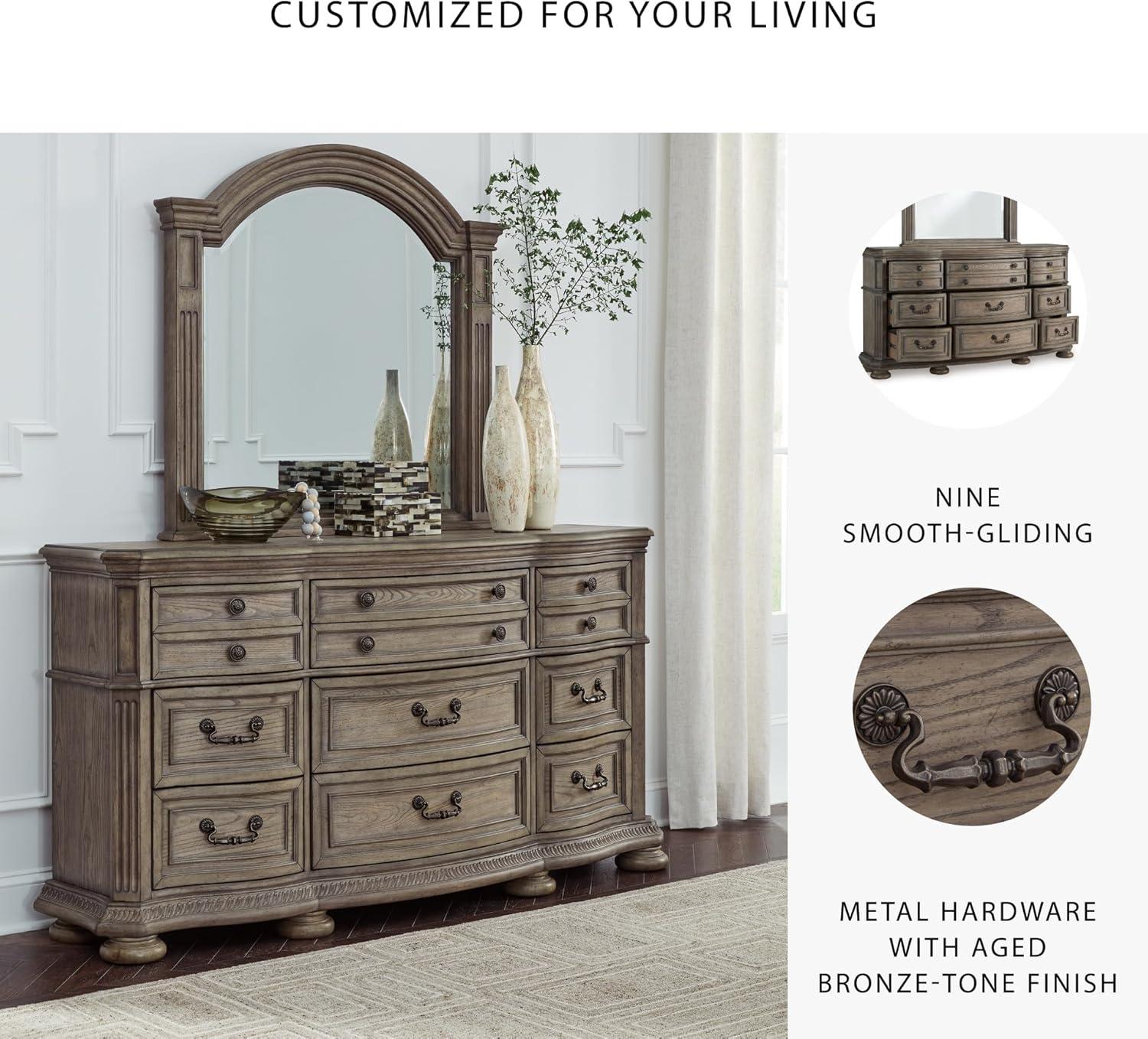 imageSignature Design by Ashley Ardenfield Traditional Tufted King Upholstered Sleigh Bed Foundation or Box Spring Needed Light Brown amp WhiteDresser and Mirror