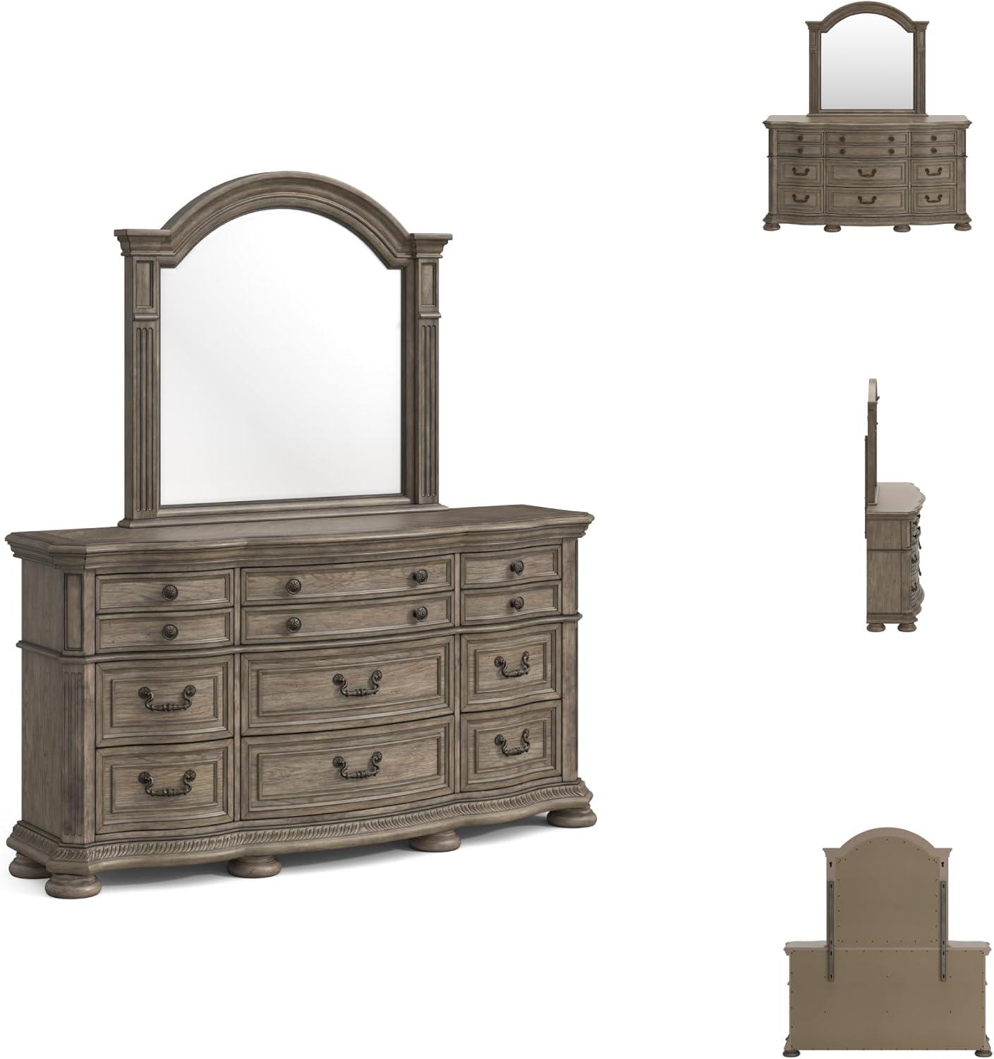 imageSignature Design by Ashley Ardenfield Traditional Tufted King Upholstered Sleigh Bed Foundation or Box Spring Needed Light Brown amp WhiteDresser and Mirror