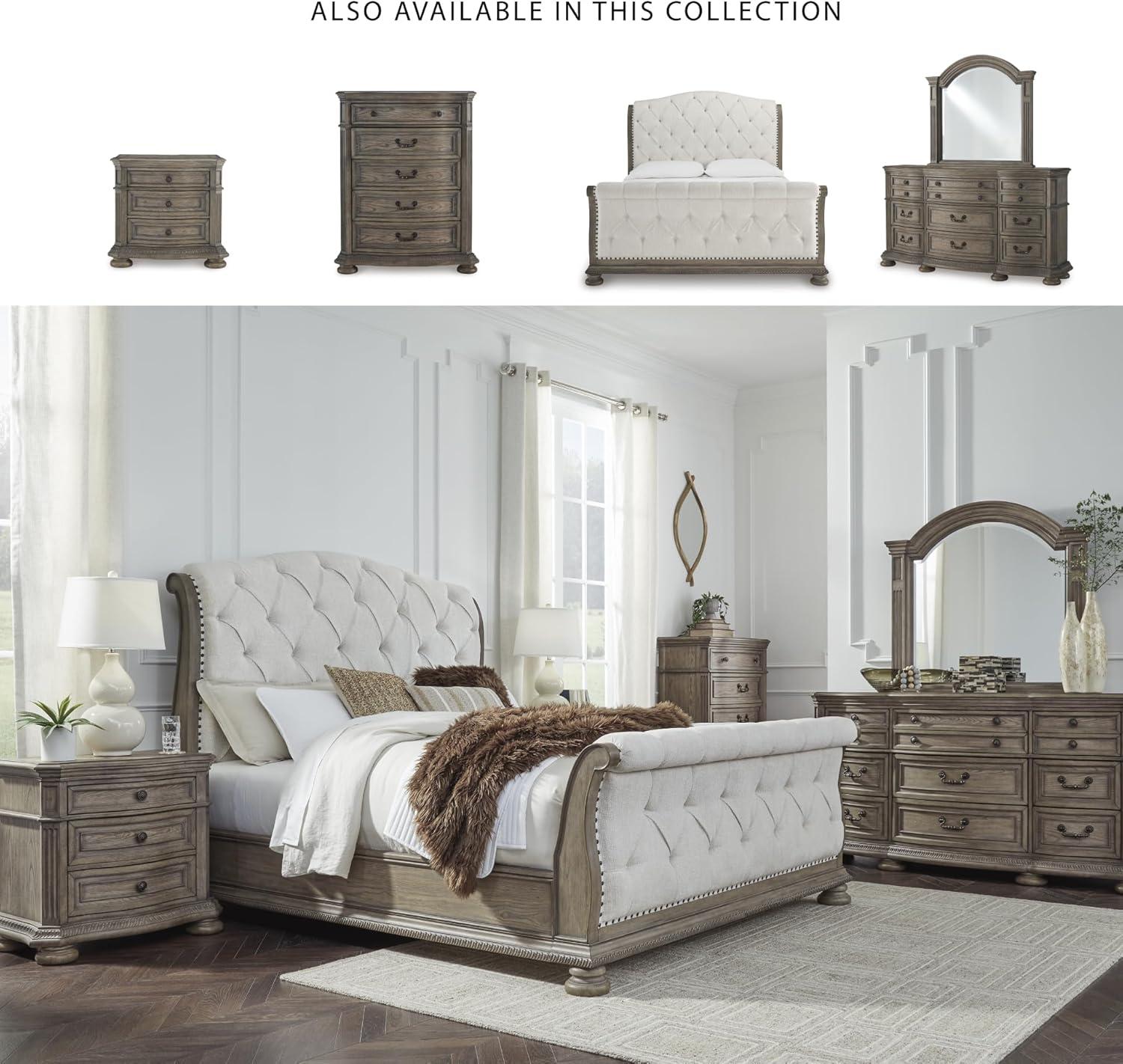 imageSignature Design by Ashley Ardenfield Traditional Tufted King Upholstered Sleigh Bed Foundation or Box Spring Needed Light Brown amp WhiteDresser and Mirror