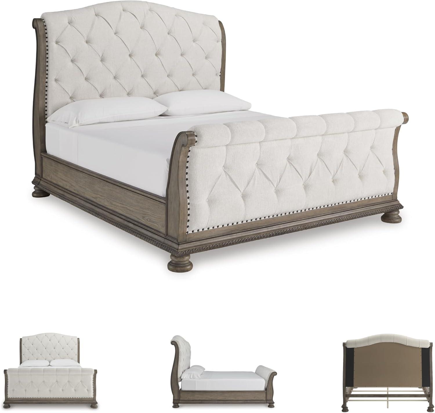 imageSignature Design by Ashley Ardenfield Traditional Tufted King Upholstered Sleigh Bed Foundation or Box Spring Needed Light Brown amp WhiteKing