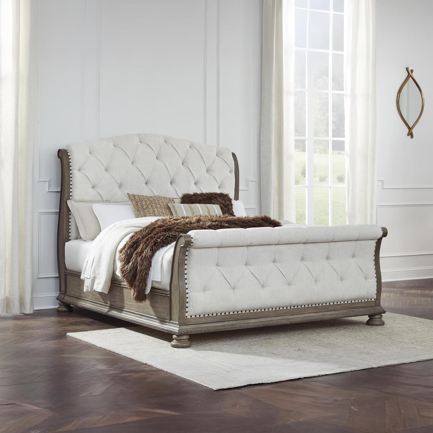 imageSignature Design by Ashley Ardenfield Traditional Tufted King Upholstered Sleigh Bed Foundation or Box Spring Needed Light Brown amp WhiteKing
