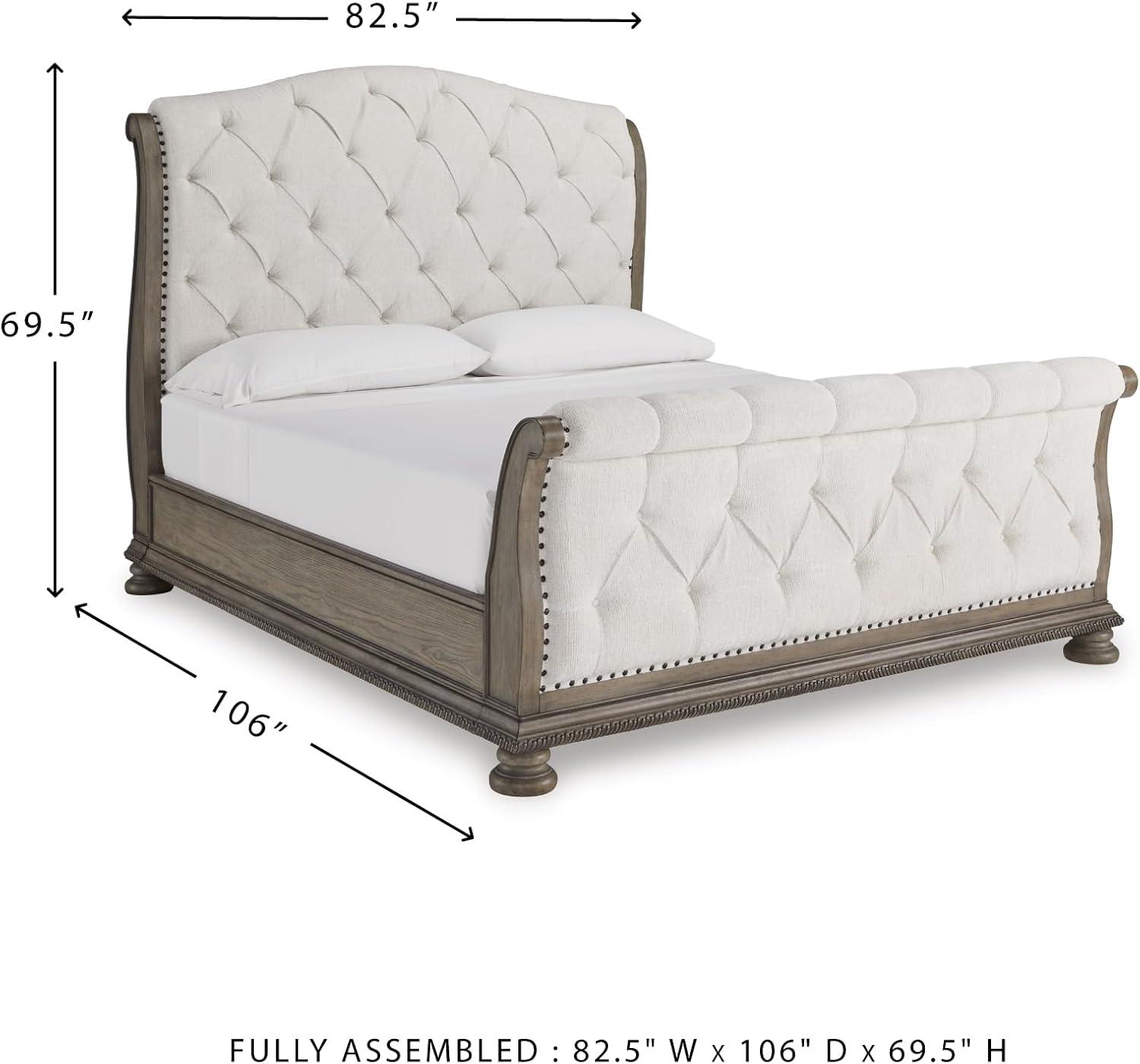 imageSignature Design by Ashley Ardenfield Traditional Tufted King Upholstered Sleigh Bed Foundation or Box Spring Needed Light Brown amp WhiteKing