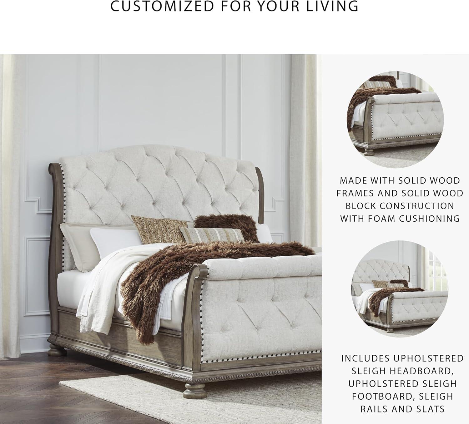 imageSignature Design by Ashley Ardenfield Traditional Tufted King Upholstered Sleigh Bed Foundation or Box Spring Needed Light Brown amp WhiteKing