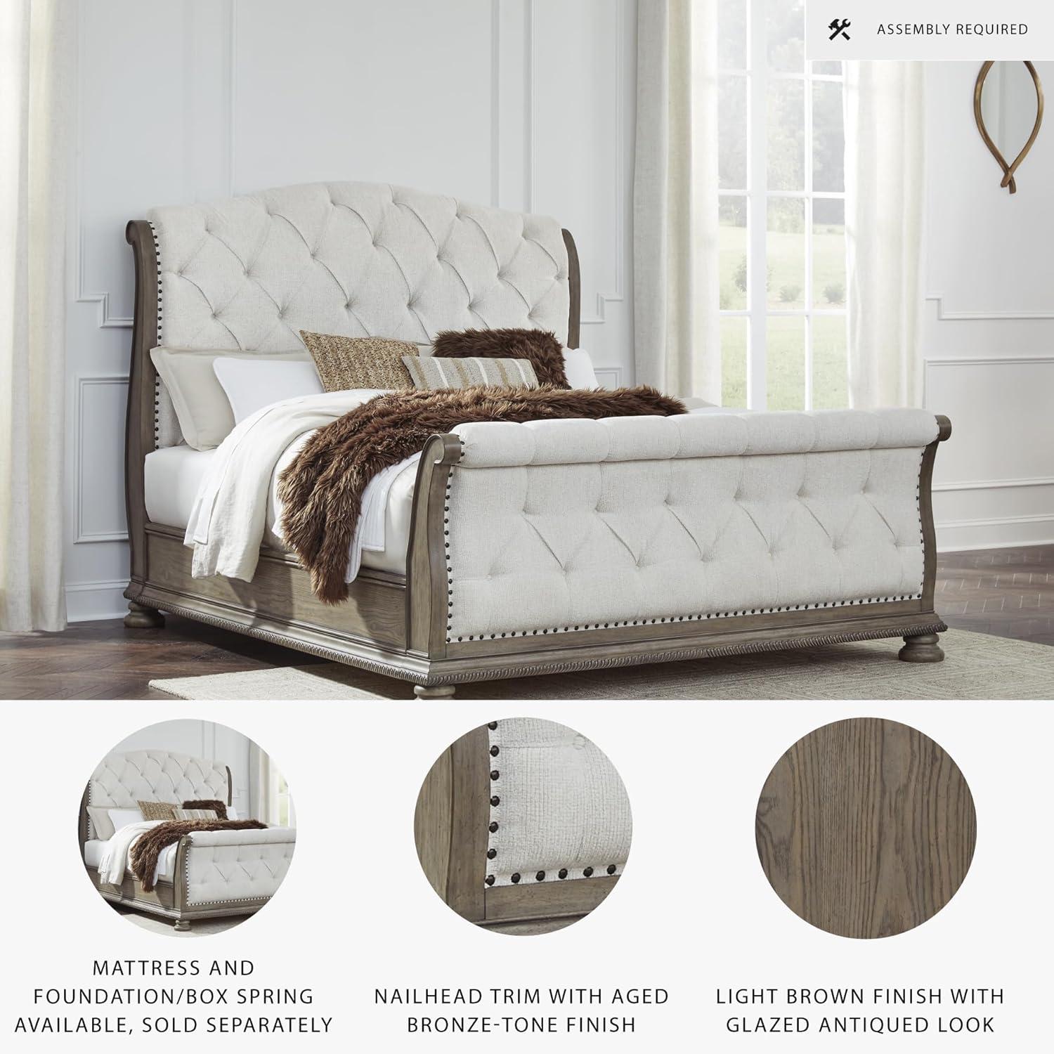 imageSignature Design by Ashley Ardenfield Traditional Tufted King Upholstered Sleigh Bed Foundation or Box Spring Needed Light Brown amp WhiteKing